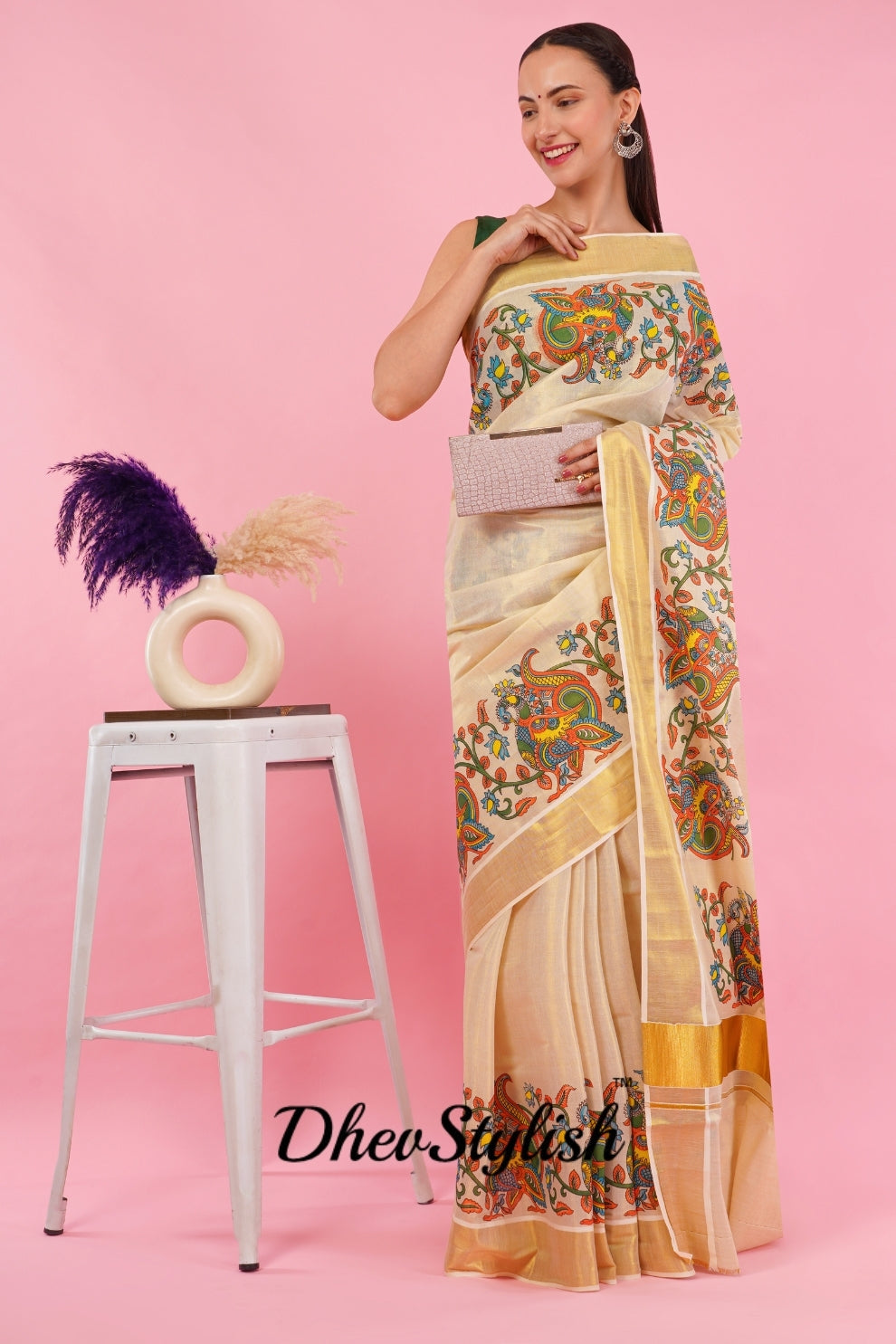 DhevStylish Kerala Kasavu Golden Tissue with Climber Dragon Print Design Saree with Running Blouse | Green, Red (Red, Gold)