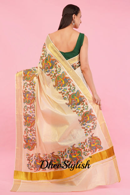 DhevStylish Kerala Kasavu Golden Tissue with Climber Dragon Print Design Saree with Running Blouse | Green, Red (Red, Gold)