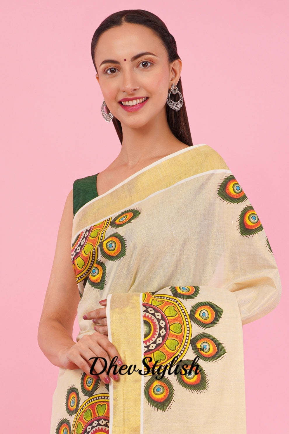 DhevStylish Kerala Kasavu Golden Tissue with Umbrella Peacock Feather Design Print Saree with Running Blouse | Green, Red (Light Blue, Green)