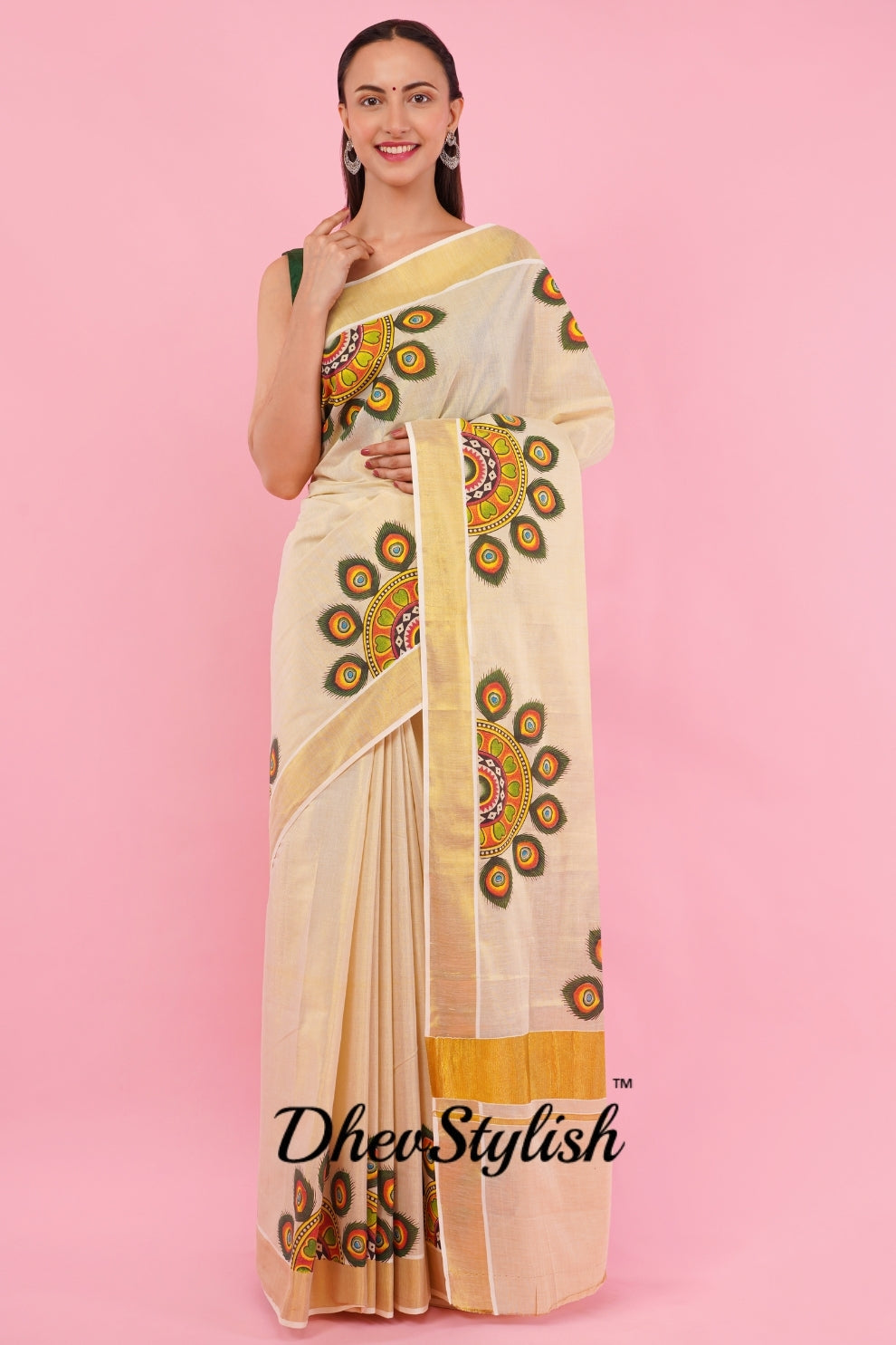 DhevStylish Kerala Kasavu Golden Tissue with Umbrella Peacock Feather Design Print Saree with Running Blouse | Green, Red (Light Blue, Green)