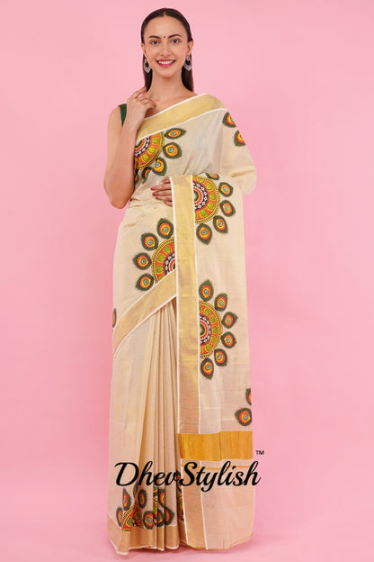 DhevStylish Kerala Kasavu Golden Tissue with Umbrella Peacock Feather Design Print Saree with Running Blouse | Green, Red (Light Blue, Green)