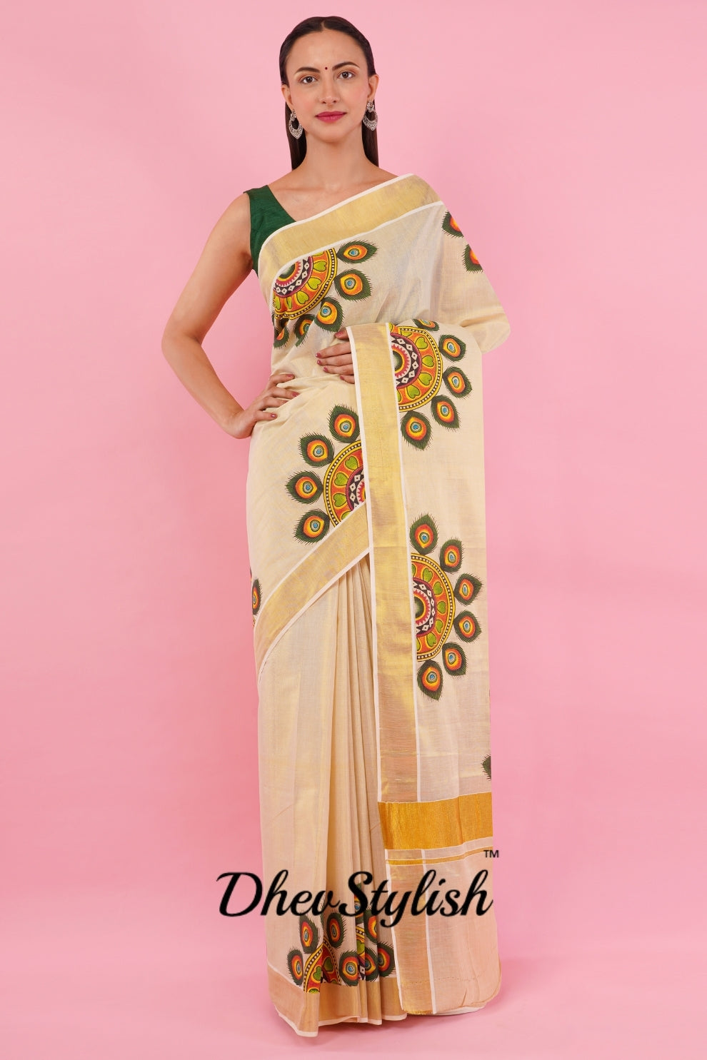 DhevStylish Kerala Kasavu Golden Tissue with Umbrella Peacock Feather Design Print Saree with Running Blouse | Green, Red (Light Blue, Green)