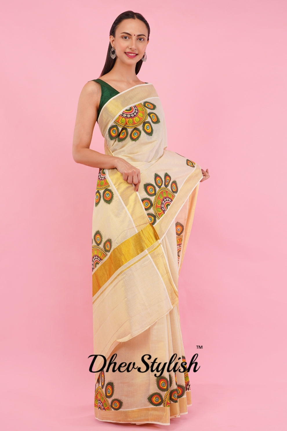 DhevStylish Kerala Kasavu Golden Tissue with Umbrella Peacock Feather Design Print Saree with Running Blouse | Green, Red (Light Blue, Green)