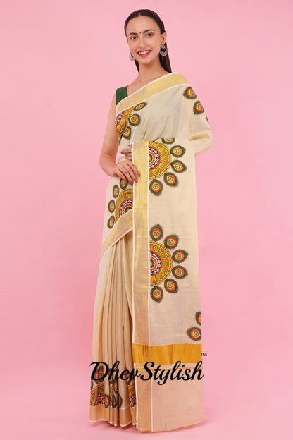 DhevStylish Kerala Kasavu Golden Tissue with Umbrella Peacock Feather Design Print Saree with Running Blouse | Green, Red (Light Blue, Green)