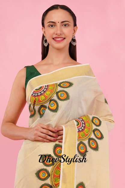 DhevStylish Kerala Kasavu Golden Tissue with Umbrella Peacock Feather Design Print Saree with Running Blouse | Green, Red (Light Blue, Green)