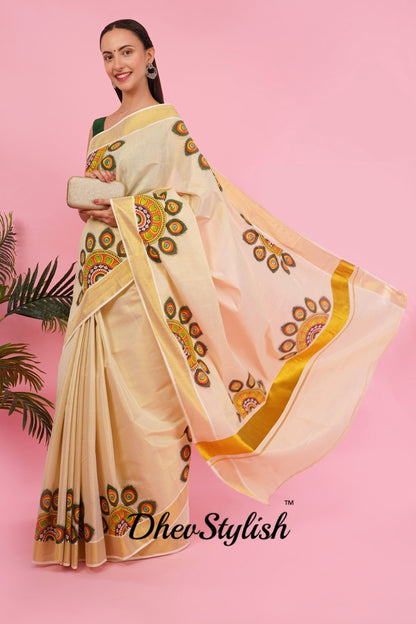 DhevStylish Kerala Kasavu Golden Tissue with Umbrella Peacock Feather Design Print Saree with Running Blouse | Green, Red (Light Blue, Green)