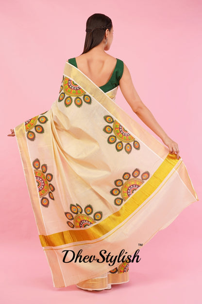DhevStylish Kerala Kasavu Golden Tissue with Umbrella Peacock Feather Design Print Saree with Running Blouse | Green, Red (Light Blue, Green)