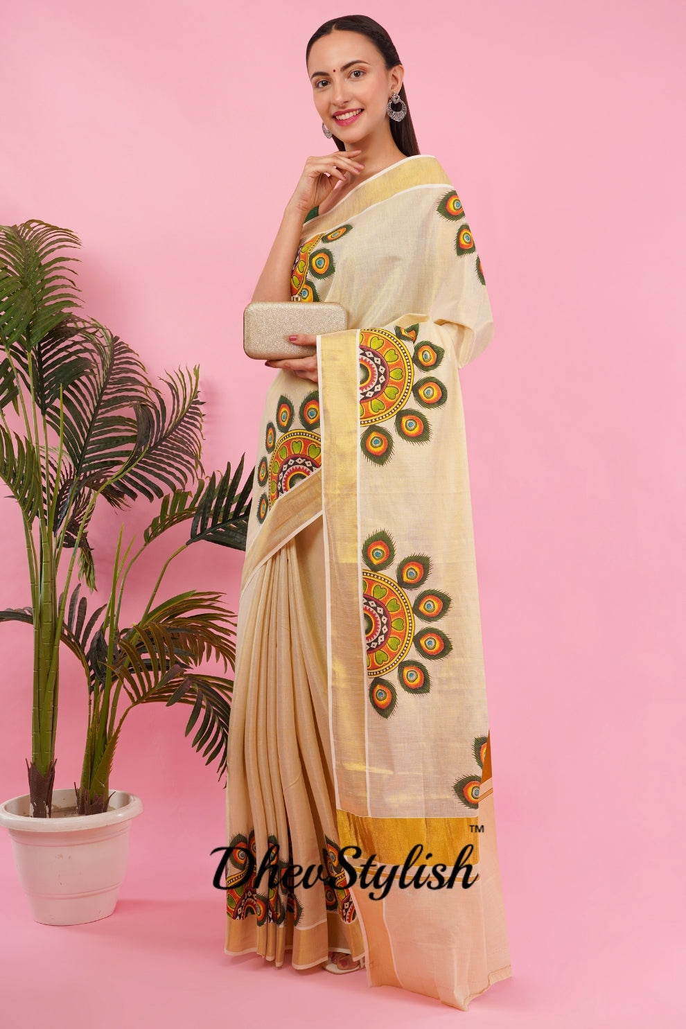 DhevStylish Kerala Kasavu Golden Tissue with Umbrella Peacock Feather Design Print Saree with Running Blouse | Green, Red (Light Blue, Green)