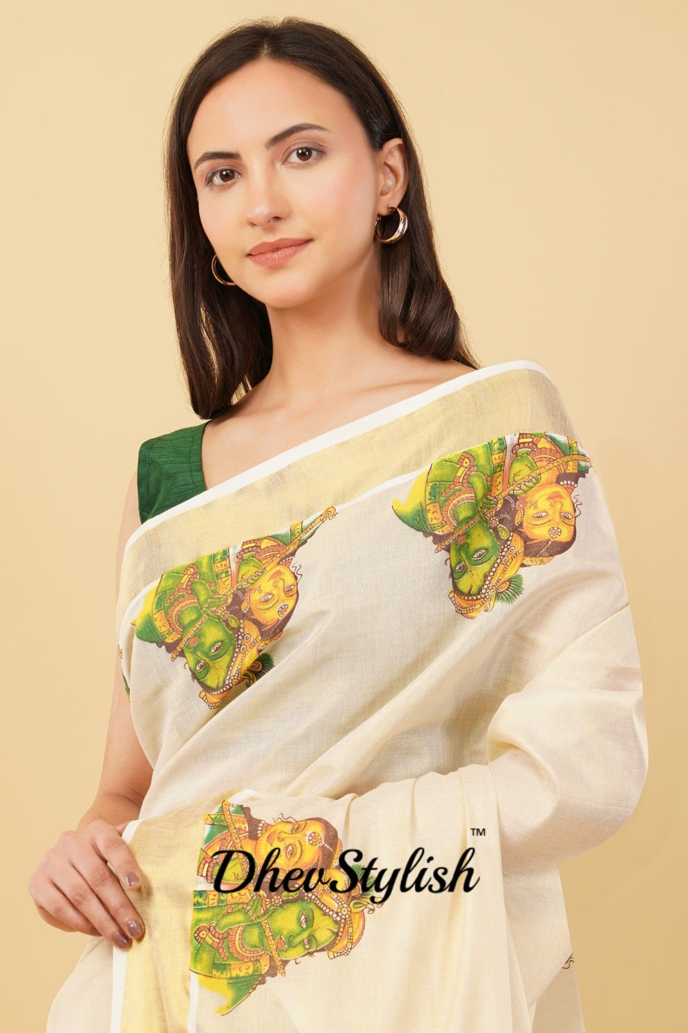 DhevStylish Kerala Kasavu Golden Tissue with Ratha Krishna Design Print Saree with Running Blouse | Tissue Saree For Women | Green, Gold