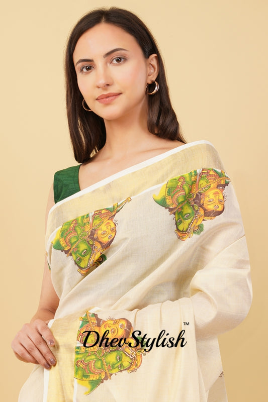 DhevStylish Kerala Kasavu Golden Tissue with Ratha Krishna Design Print Saree with Running Blouse | Tissue Saree For Women | Green, Gold