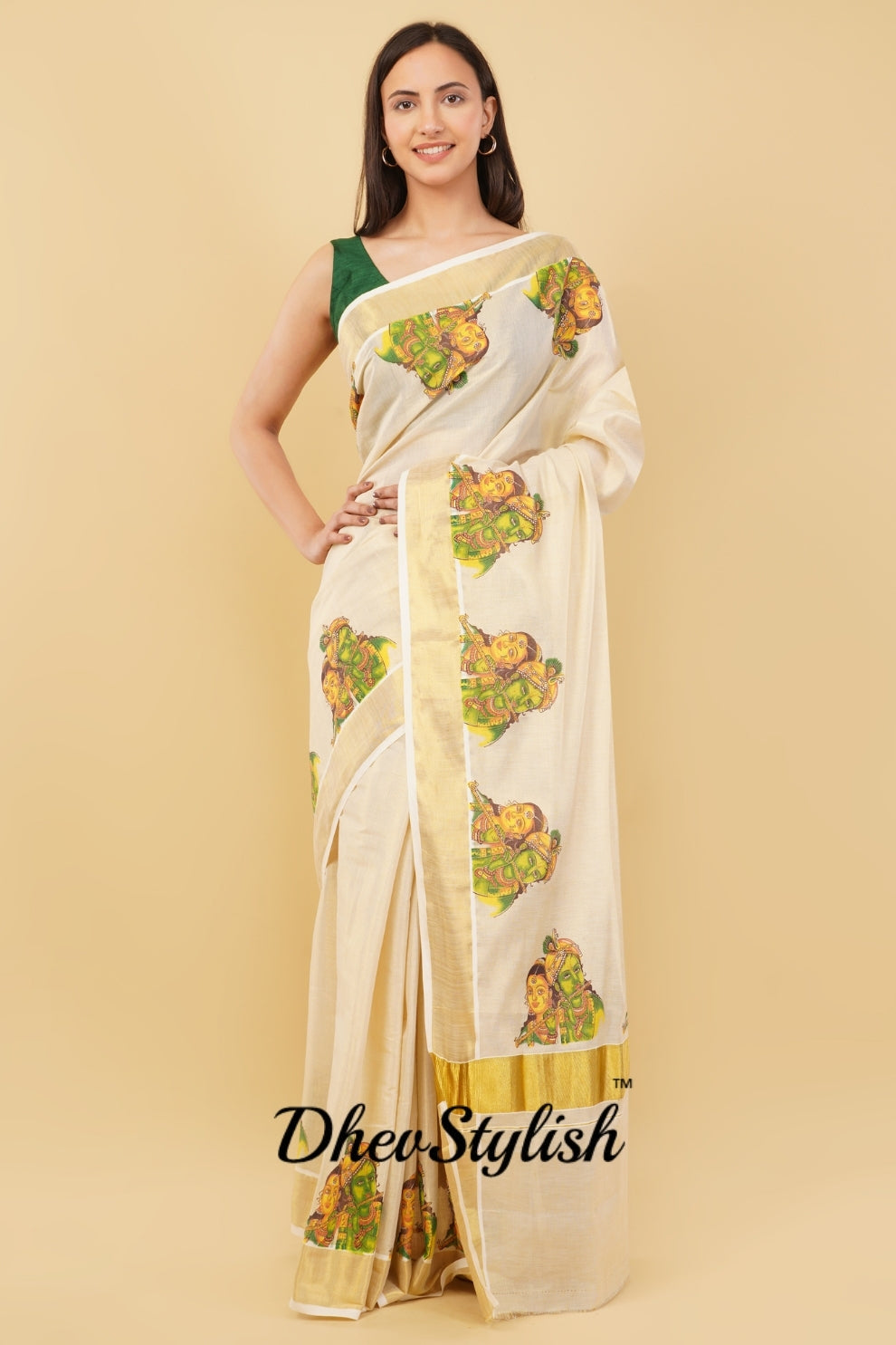 DhevStylish Kerala Kasavu Golden Tissue with Ratha Krishna Design Print Saree with Running Blouse | Tissue Saree For Women | Green, Gold
