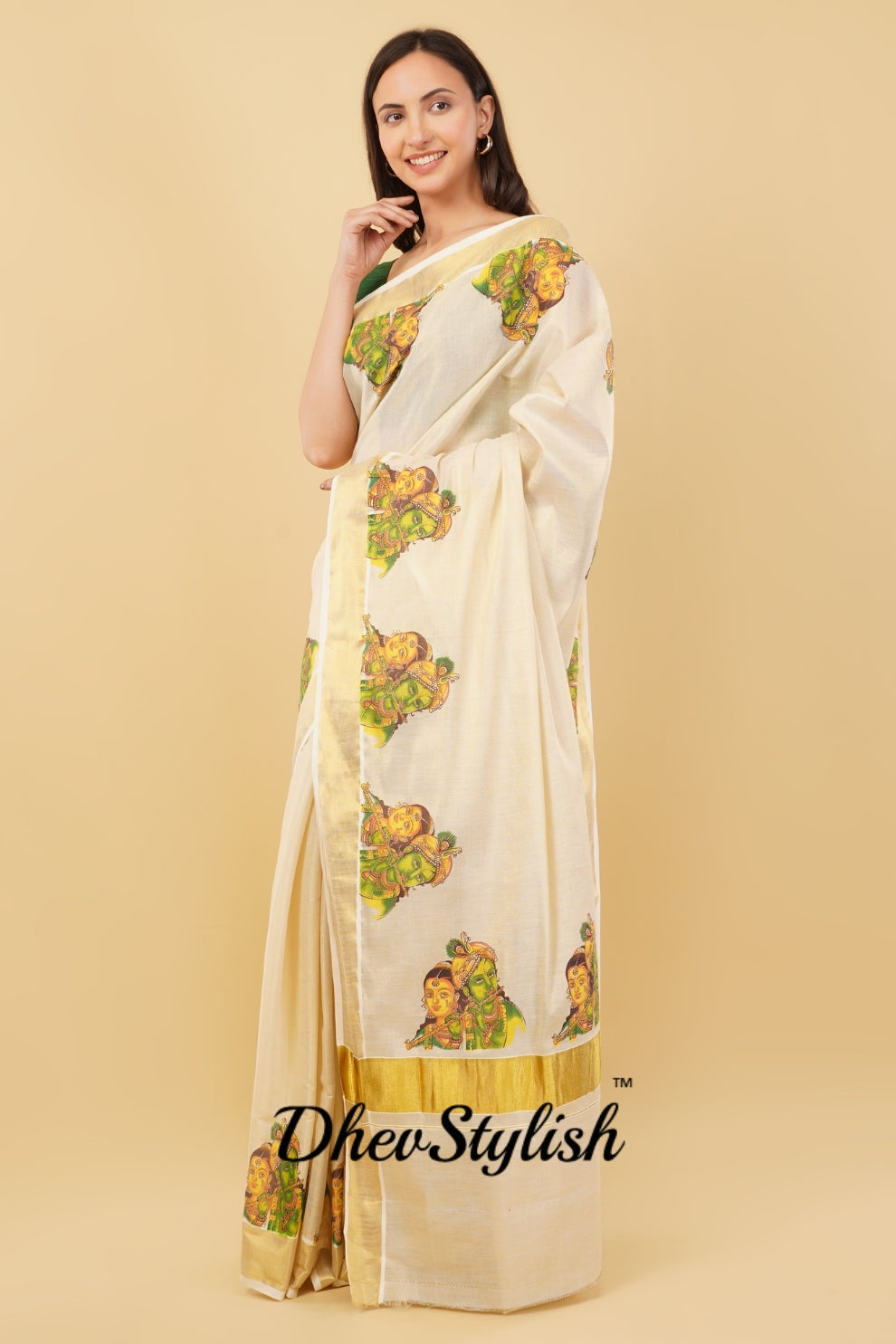 DhevStylish Kerala Kasavu Golden Tissue with Ratha Krishna Design Print Saree with Running Blouse | Tissue Saree For Women | Green, Gold
