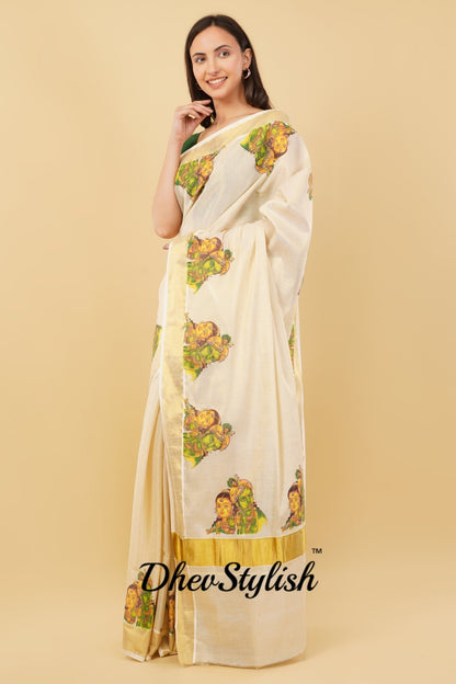 DhevStylish Kerala Kasavu Golden Tissue with Ratha Krishna Design Print Saree with Running Blouse | Tissue Saree For Women | Green, Gold