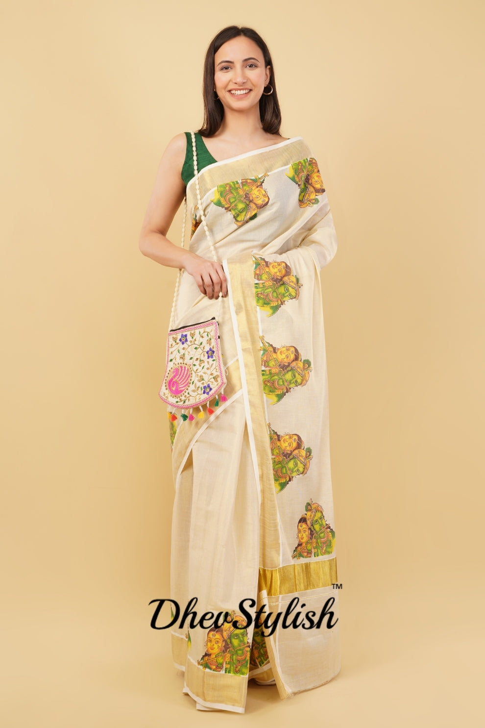 DhevStylish Kerala Kasavu Golden Tissue with Ratha Krishna Design Print Saree with Running Blouse | Tissue Saree For Women | Green, Gold