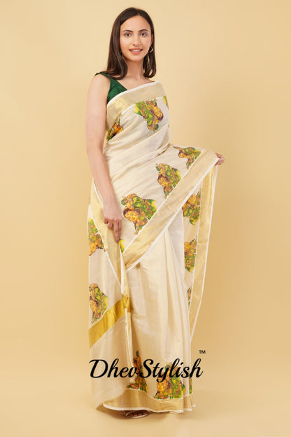 DhevStylish Kerala Kasavu Golden Tissue with Ratha Krishna Design Print Saree with Running Blouse | Tissue Saree For Women | Green, Gold