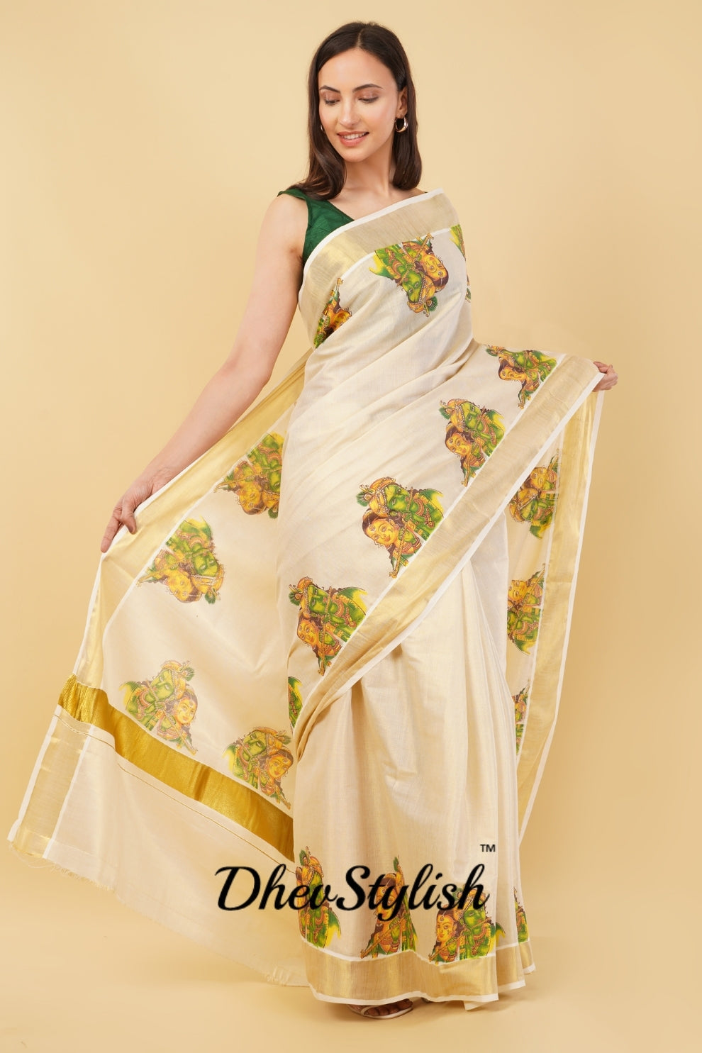 DhevStylish Kerala Kasavu Golden Tissue with Ratha Krishna Design Print Saree with Running Blouse | Tissue Saree For Women | Green, Gold