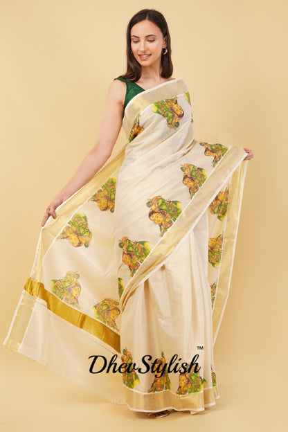 DhevStylish Kerala Kasavu Golden Tissue with Ratha Krishna Design Print Saree with Running Blouse | Tissue Saree For Women | Green, Gold