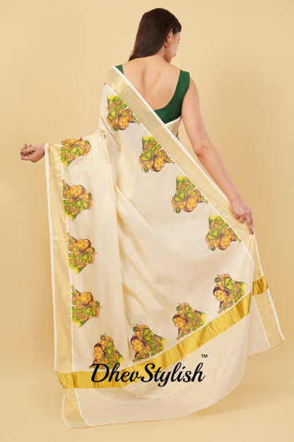 DhevStylish Kerala Kasavu Golden Tissue with Ratha Krishna Design Print Saree with Running Blouse | Tissue Saree For Women | Green, Gold