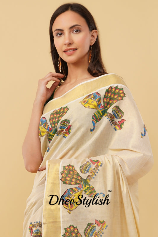 DhevStylish Kerala Kasavu Golden Tissue with Fancy Peacock Design Print Saree with Running Blouse | Blue, Green, Red