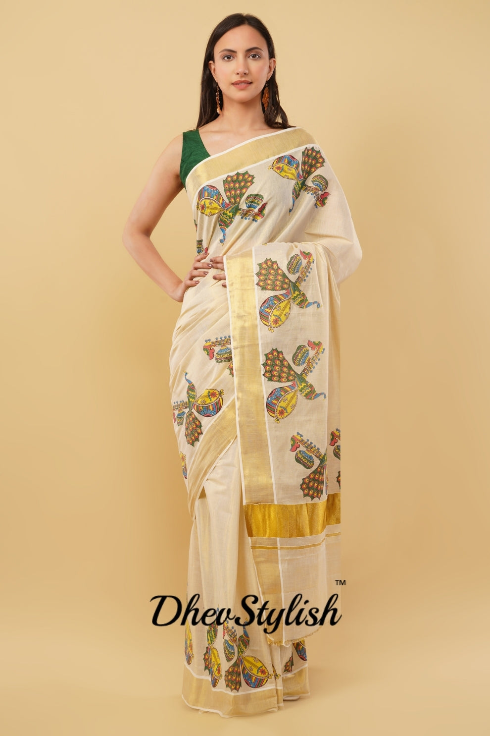 DhevStylish Kerala Kasavu Golden Tissue with Fancy Peacock Design Print Saree with Running Blouse | Blue, Green, Red
