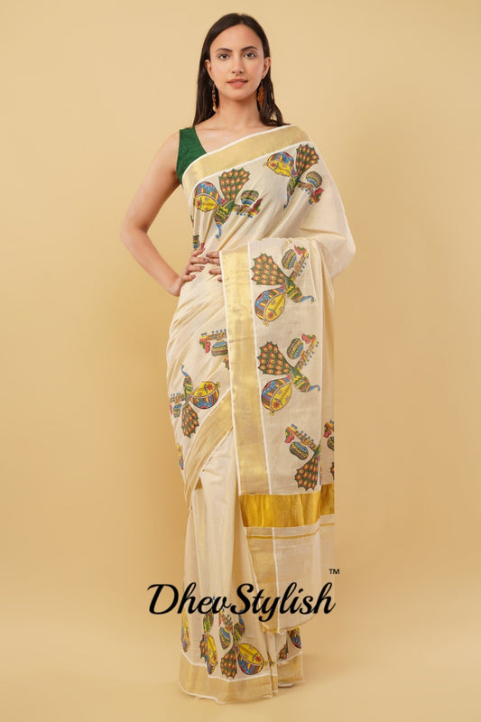 DhevStylish Kerala Kasavu Golden Tissue with Fancy Peacock Design Print Saree with Running Blouse | Blue, Green, Red