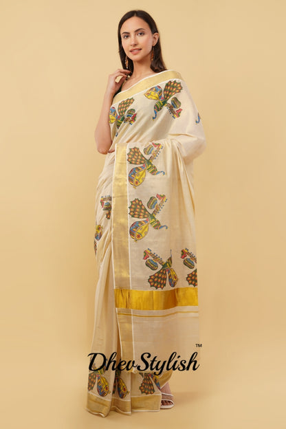 DhevStylish Kerala Kasavu Golden Tissue with Fancy Peacock Design Print Saree with Running Blouse | Blue, Green, Red