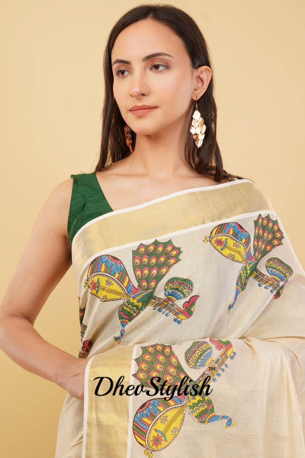 DhevStylish Kerala Kasavu Golden Tissue with Fancy Peacock Design Print Saree with Running Blouse | Blue, Green, Red