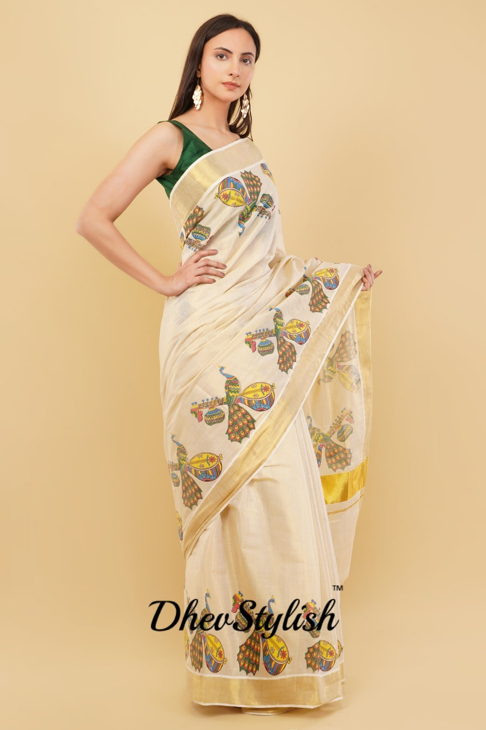 DhevStylish Kerala Kasavu Golden Tissue with Fancy Peacock Design Print Saree with Running Blouse | Blue, Green, Red