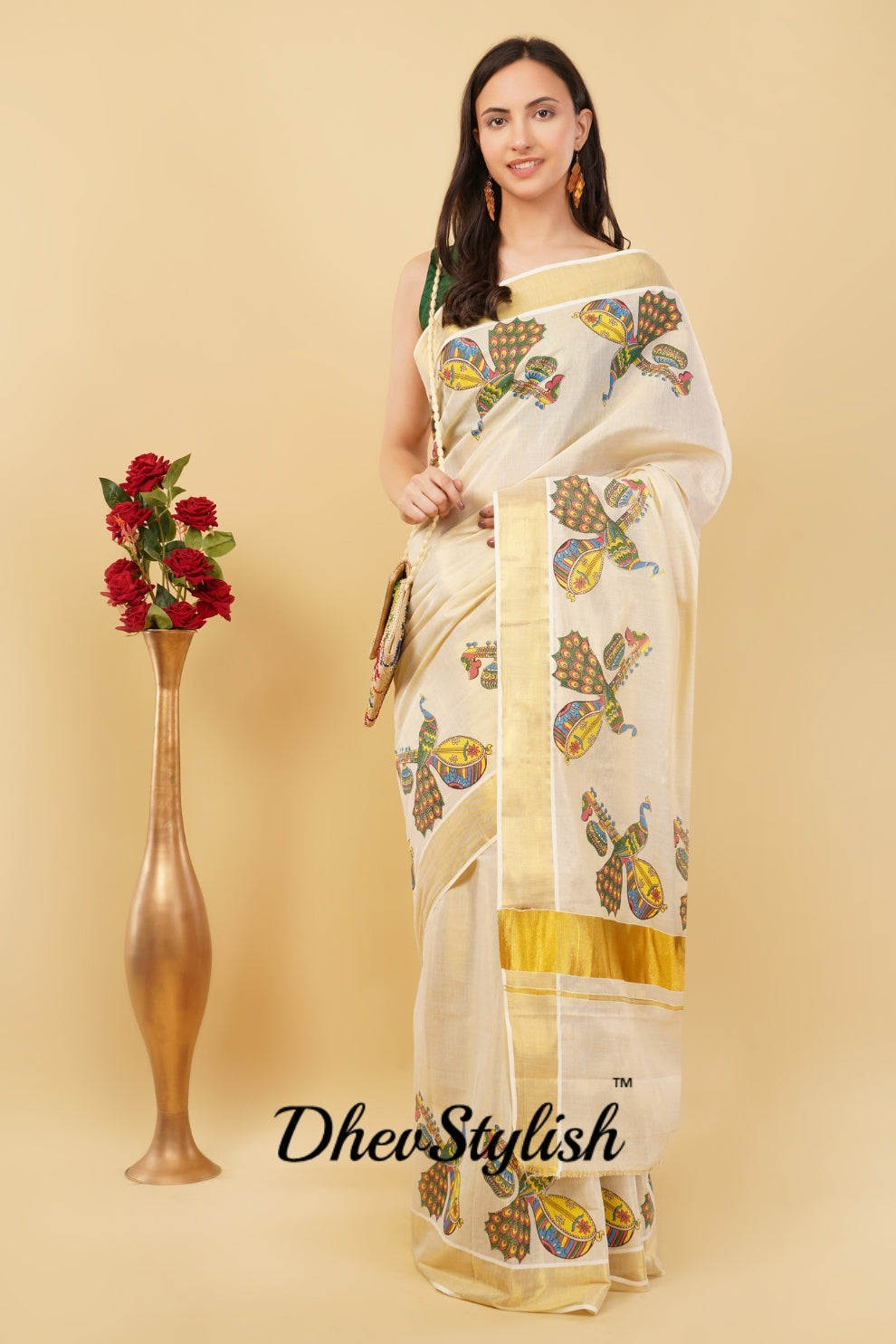 DhevStylish Kerala Kasavu Golden Tissue with Fancy Peacock Design Print Saree with Running Blouse | Blue, Green, Red