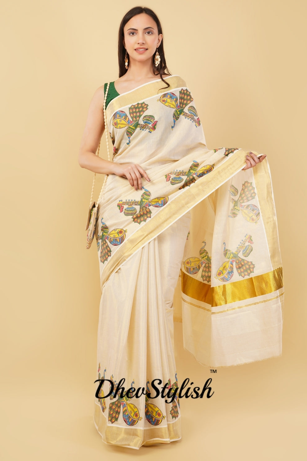 DhevStylish Kerala Kasavu Golden Tissue with Fancy Peacock Design Print Saree with Running Blouse | Blue, Green, Red