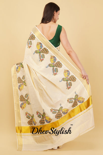 DhevStylish Kerala Kasavu Golden Tissue with Fancy Peacock Design Print Saree with Running Blouse | Blue, Green, Red