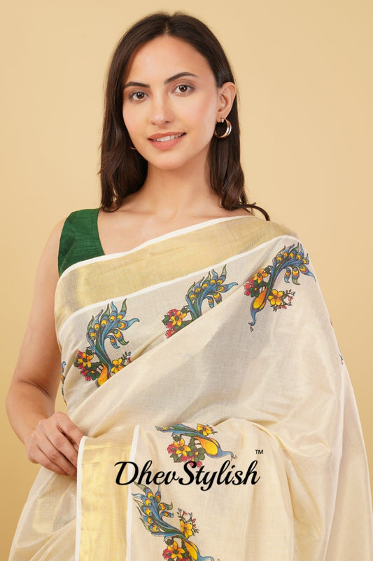 DhevStylish Kerala Kasavu Golden Tissue with Fancy Peacock Design Print Saree with Running Blouse | Tissue Saree For Women | Blue, Green, Red