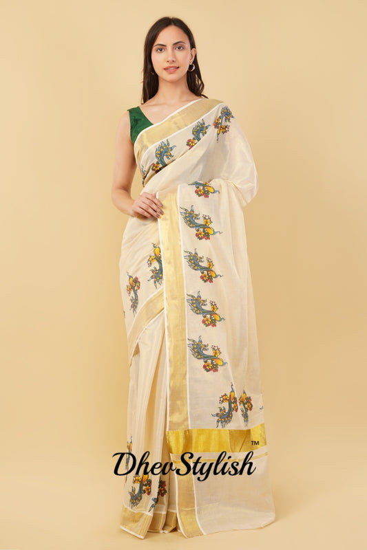 DhevStylish Kerala Kasavu Golden Tissue with Fancy Peacock Design Print Saree with Running Blouse | Tissue Saree For Women | Blue, Green, Red