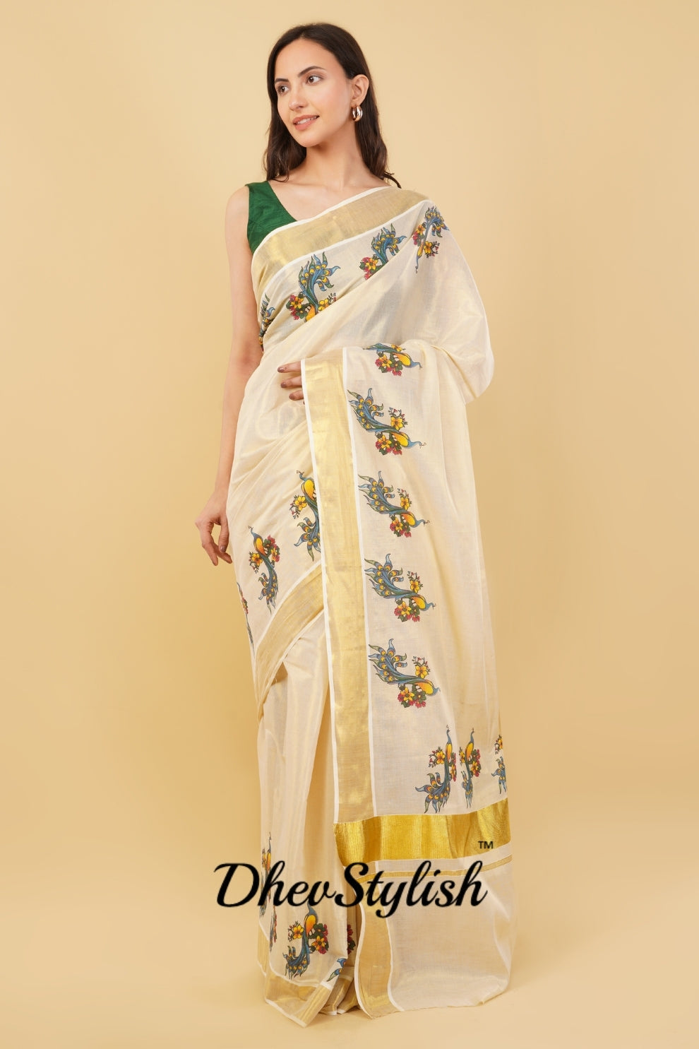 DhevStylish Kerala Kasavu Golden Tissue with Fancy Peacock Design Print Saree with Running Blouse | Tissue Saree For Women | Blue, Green, Red