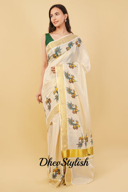 DhevStylish Kerala Kasavu Golden Tissue with Fancy Peacock Design Print Saree with Running Blouse | Tissue Saree For Women | Blue, Green, Red