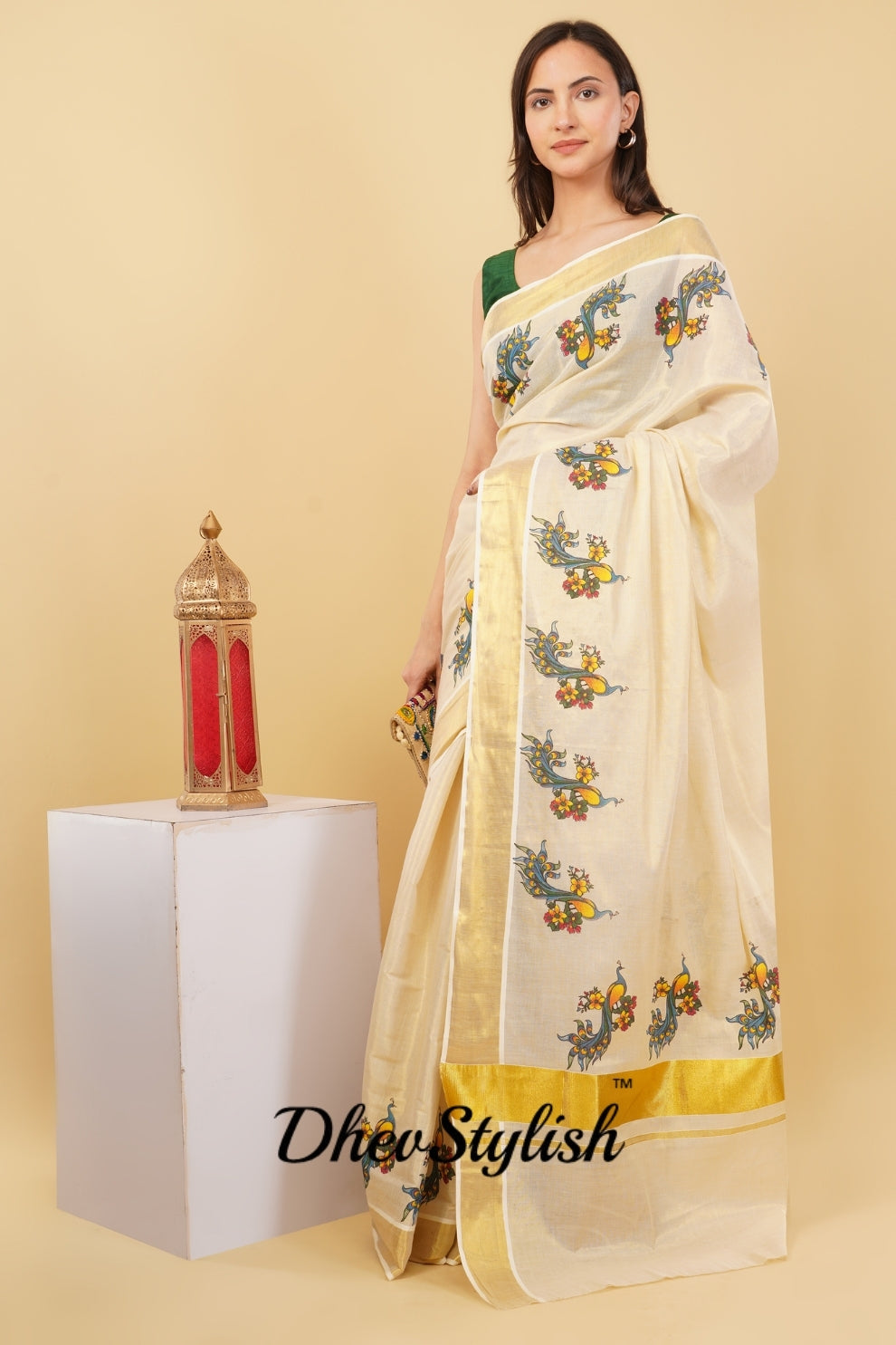 DhevStylish Kerala Kasavu Golden Tissue with Fancy Peacock Design Print Saree with Running Blouse | Tissue Saree For Women | Blue, Green, Red