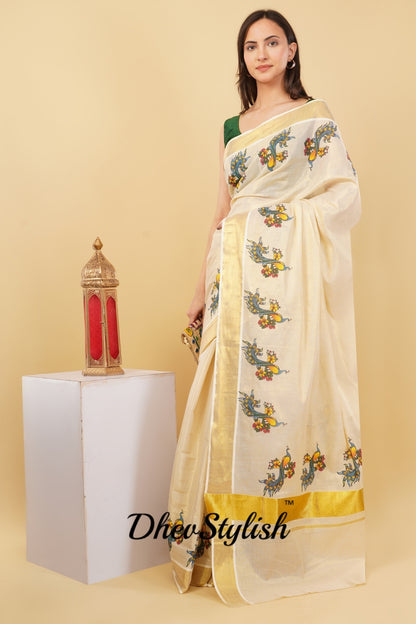 DhevStylish Kerala Kasavu Golden Tissue with Fancy Peacock Design Print Saree with Running Blouse | Tissue Saree For Women | Blue, Green, Red