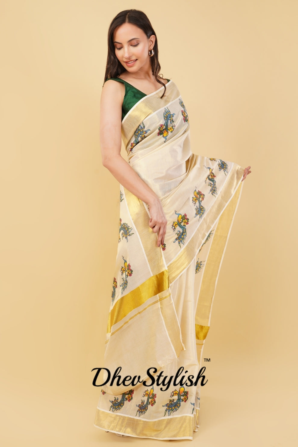 DhevStylish Kerala Kasavu Golden Tissue with Fancy Peacock Design Print Saree with Running Blouse | Tissue Saree For Women | Blue, Green, Red