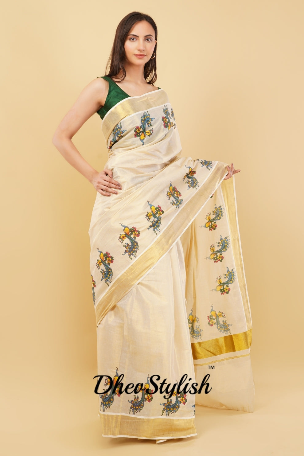 DhevStylish Kerala Kasavu Golden Tissue with Fancy Peacock Design Print Saree with Running Blouse | Tissue Saree For Women | Blue, Green, Red