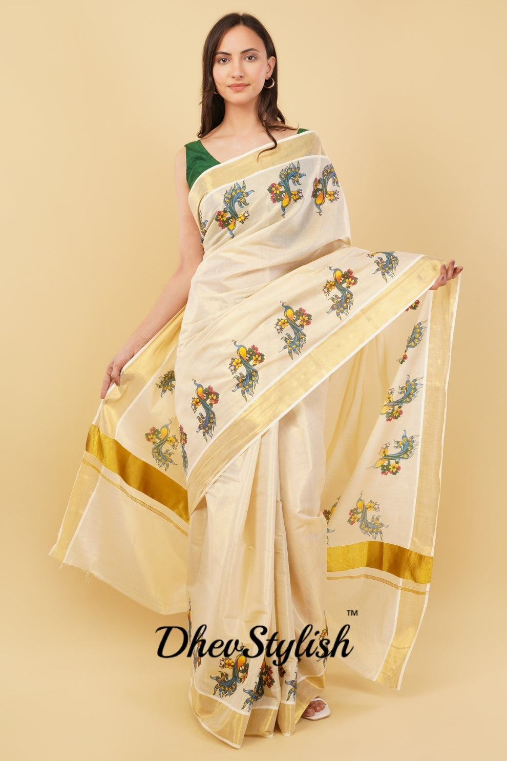 DhevStylish Kerala Kasavu Golden Tissue with Fancy Peacock Design Print Saree with Running Blouse | Tissue Saree For Women | Blue, Green, Red