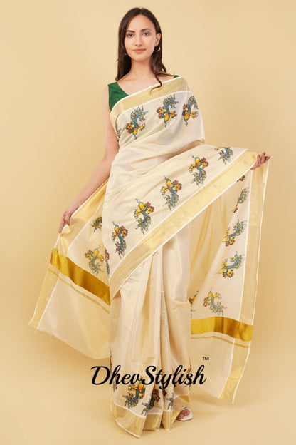 DhevStylish Kerala Kasavu Golden Tissue with Fancy Peacock Design Print Saree with Running Blouse | Tissue Saree For Women | Blue, Green, Red