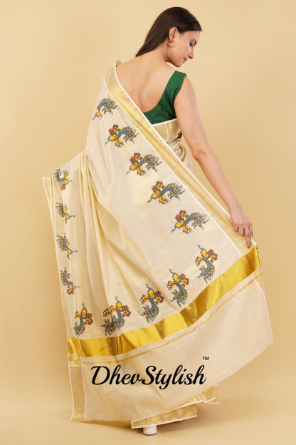DhevStylish Kerala Kasavu Golden Tissue with Fancy Peacock Design Print Saree with Running Blouse | Tissue Saree For Women | Blue, Green, Red