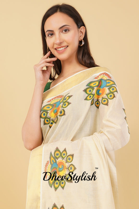 DhevStylish Kerala Kasavu Golden Tissue with Fancy Peacock Design Print Saree with Running Blouse | Tissue Saree For Women | Blue, Green, Red