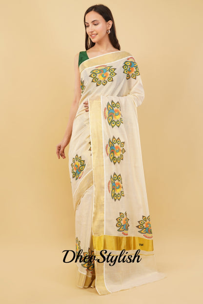 DhevStylish Kerala Kasavu Golden Tissue with Fancy Peacock Design Print Saree with Running Blouse | Tissue Saree For Women | Blue, Green, Red