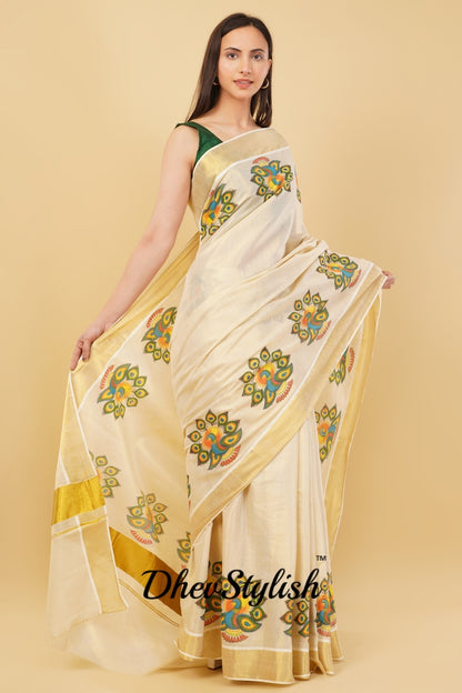 DhevStylish Kerala Kasavu Golden Tissue with Fancy Peacock Design Print Saree with Running Blouse | Tissue Saree For Women | Blue, Green, Red