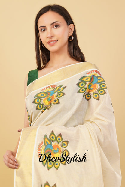 DhevStylish Kerala Kasavu Golden Tissue with Fancy Peacock Design Print Saree with Running Blouse | Tissue Saree For Women | Blue, Green, Red