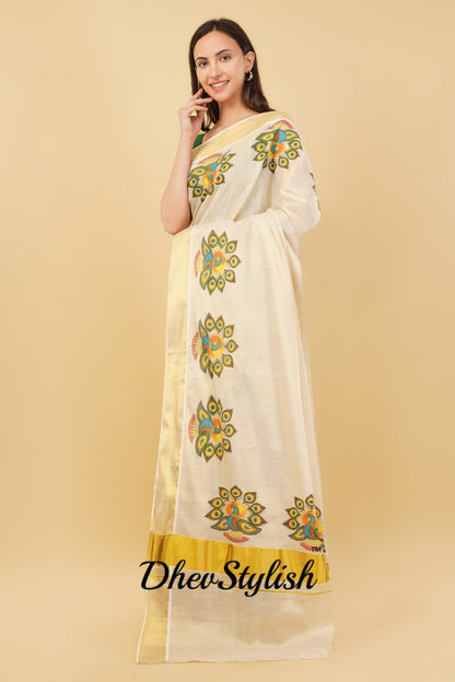 DhevStylish Kerala Kasavu Golden Tissue with Fancy Peacock Design Print Saree with Running Blouse | Tissue Saree For Women | Blue, Green, Red