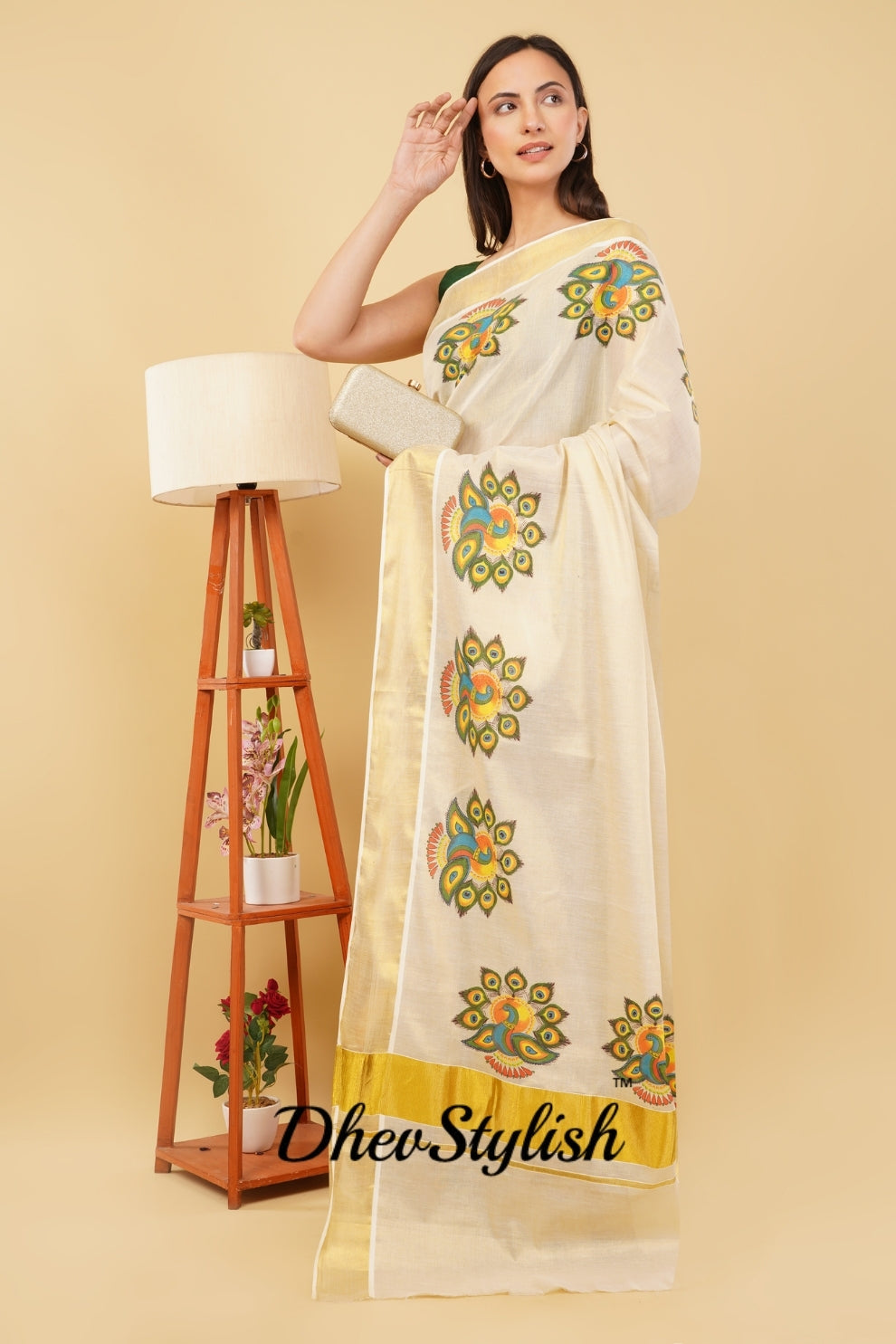 DhevStylish Kerala Kasavu Golden Tissue with Fancy Peacock Design Print Saree with Running Blouse | Tissue Saree For Women | Blue, Green, Red