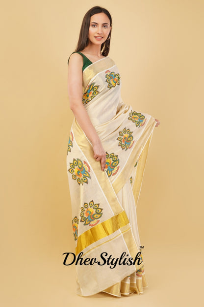 DhevStylish Kerala Kasavu Golden Tissue with Fancy Peacock Design Print Saree with Running Blouse | Tissue Saree For Women | Blue, Green, Red
