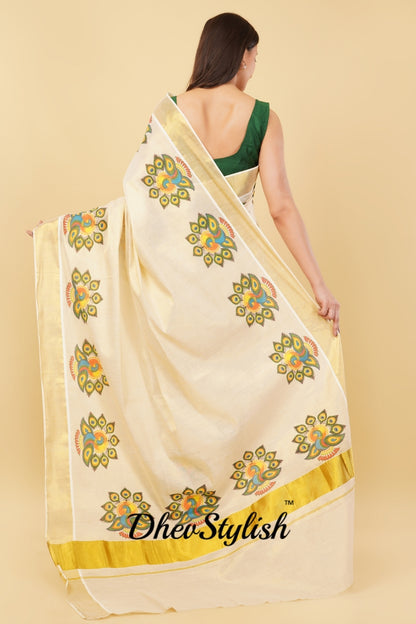 DhevStylish Kerala Kasavu Golden Tissue with Fancy Peacock Design Print Saree with Running Blouse | Tissue Saree For Women | Blue, Green, Red